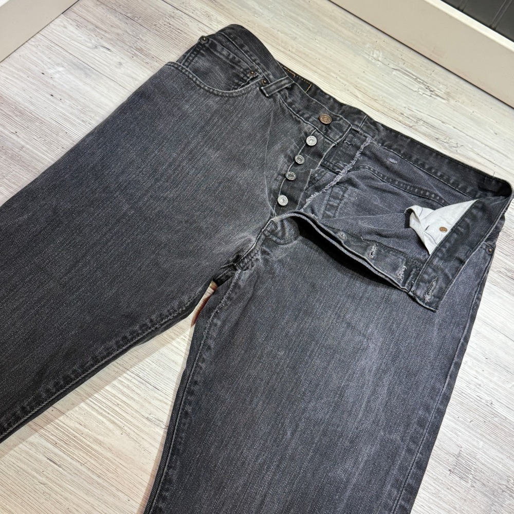 Levis 501 Button Fly Mens Size 38x34 (32x31.5) Black Denim Jeans Faded Shrunk